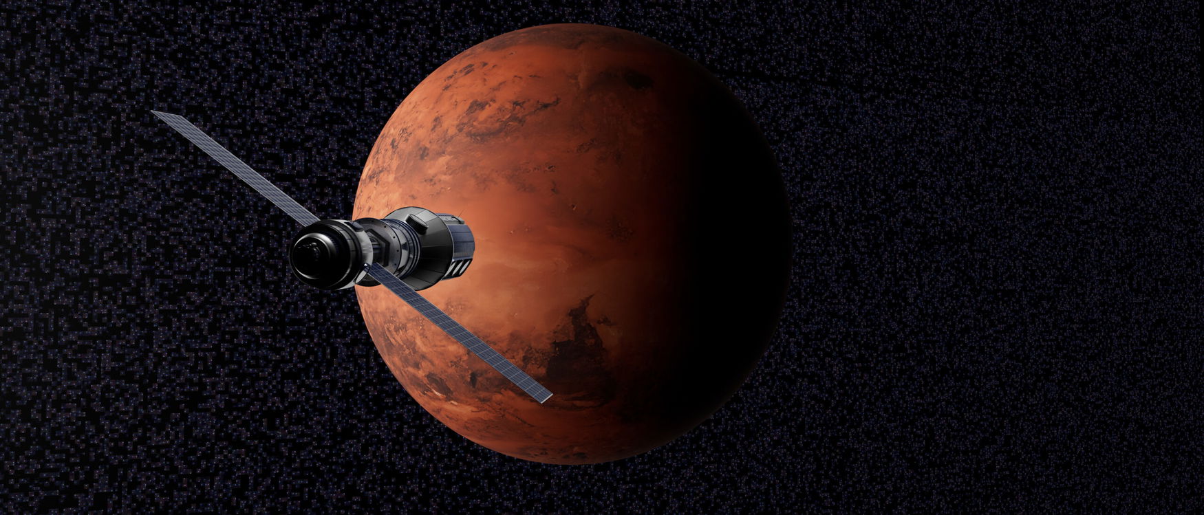 A space shuttle is flying past a red planet. The shuttle is in the foreground and the planet is in the background. Concept of adventure and exploration as the shuttle travels through space