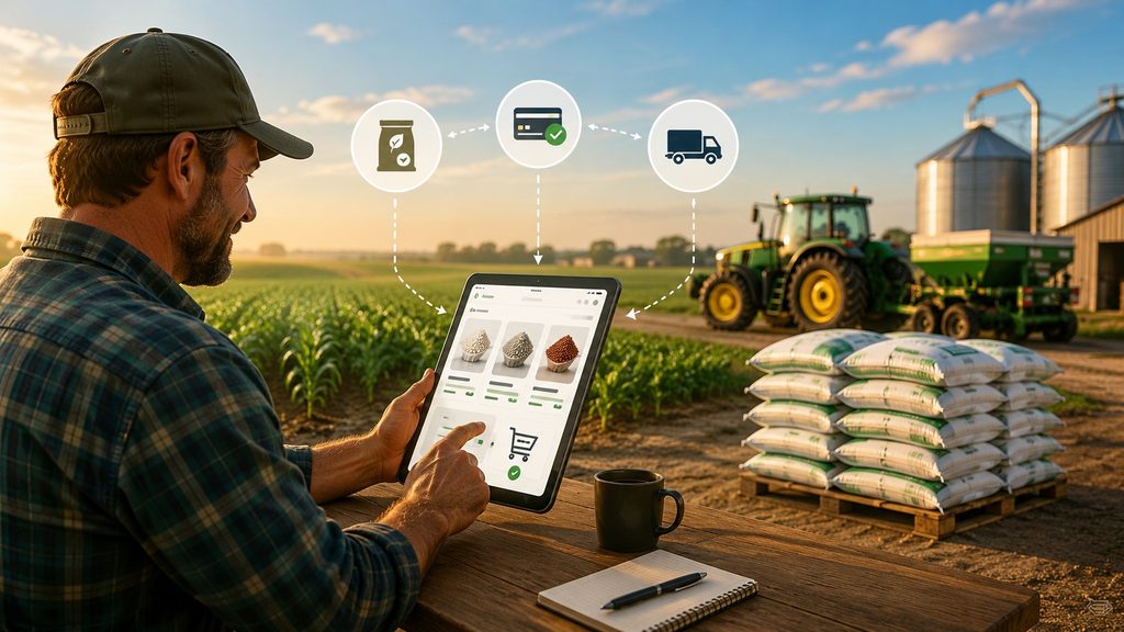 A farmer buys fertilizer on an agriculture marketplace.